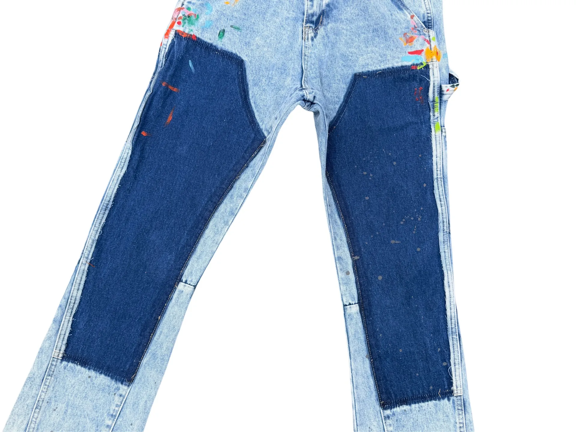 -Size upper body P250#G94 GALLERY DEPT. Spliced ​​patchwork splash-ink denim bell-bottoms, washed and distressed spliced ​​jeans. During the process, the owner of the denim washing plant helped introduce a boss who once worked at Levi's foundry and then started his own business. This also paved the way for the following styles. Therefore, Levi's remodeled single product for the base plate is really familiar. Whether it is the fabrics supplied or the lathes used in production, there is nothing to choose from. -Color: Blue -Size: S-XXL (corresponding to 28-36)